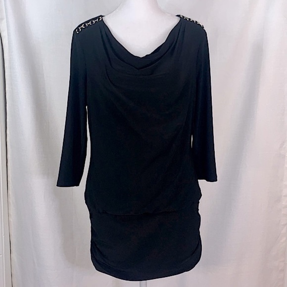 WHBM Black Long Sleeved Mini Dress w/ Gold Shoulder Detail - Picture 1 of 17